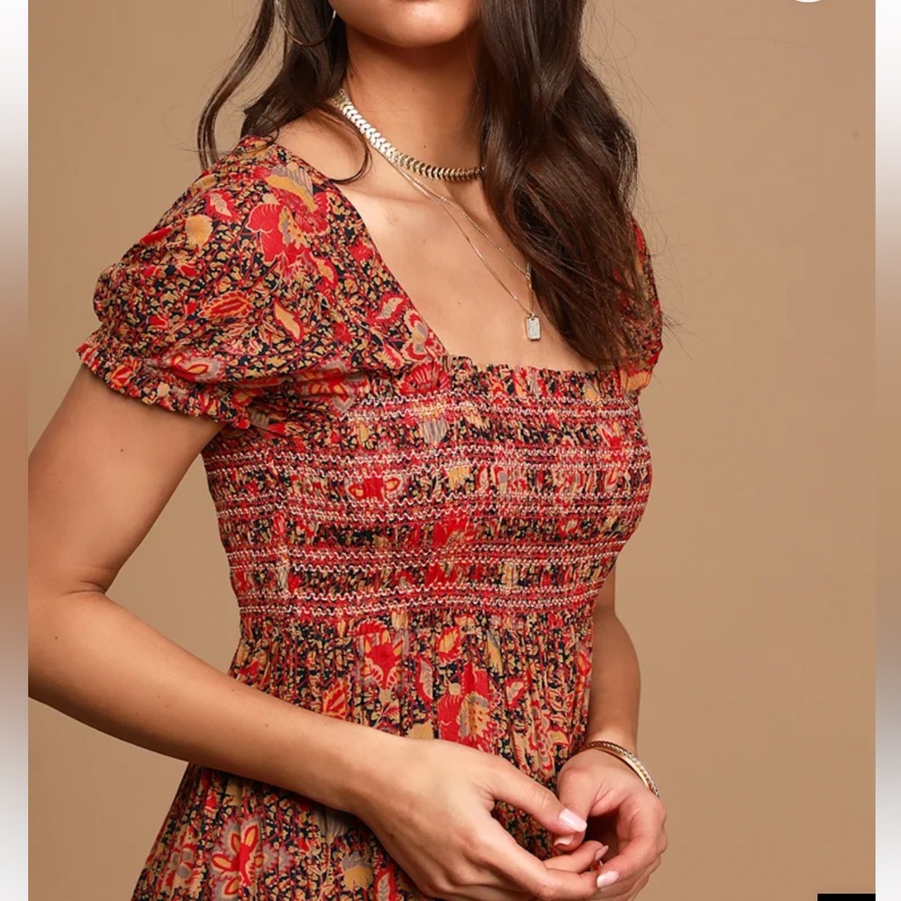 Free People Getaway Red Floral Print Pleated Tiered Maxi Dress - Picture 2 of 4
